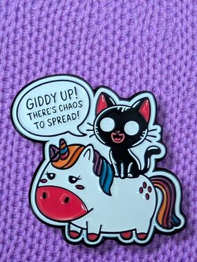Giddy Up! Cat on Rainbow Unicorn Enamel Pin - White, Black, Pink, Rainbow